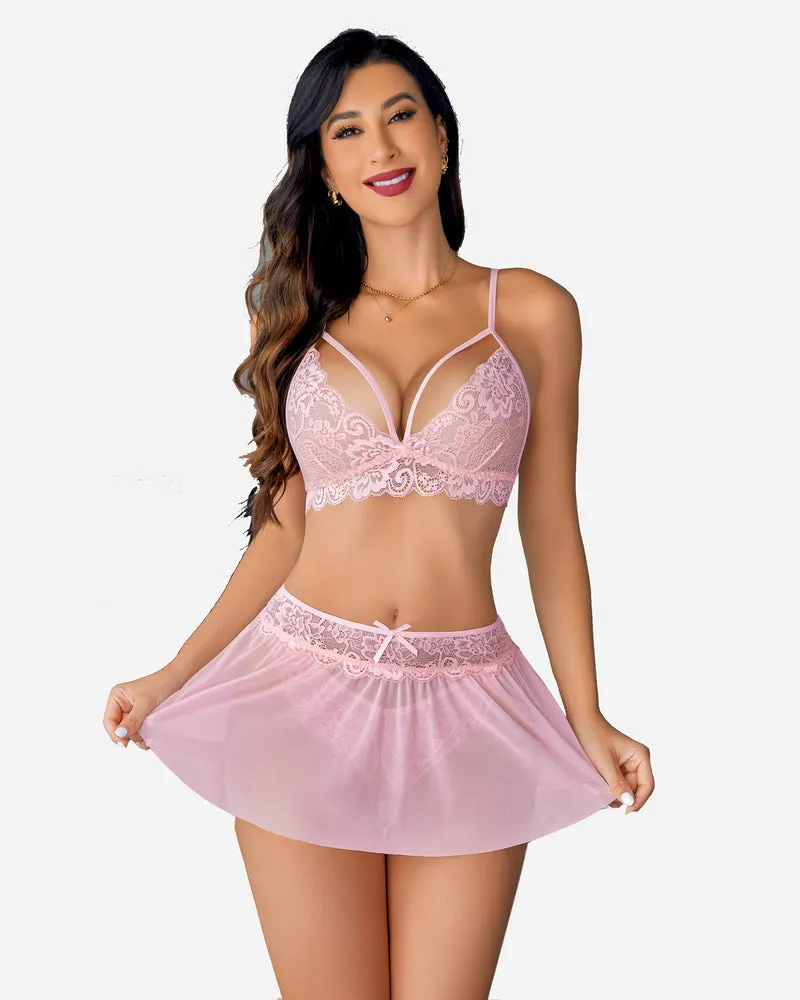 3 Piece Lingerie Sets Lace Bralette, Mini Skirt with Panty