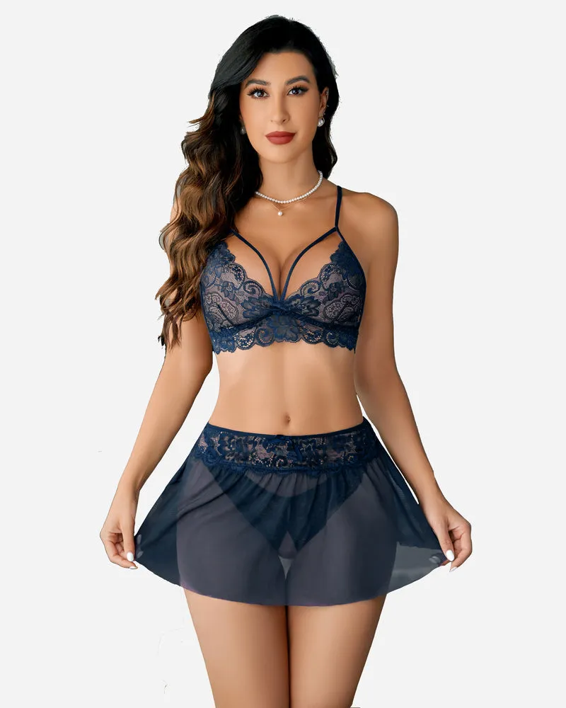 3 Piece Lingerie Sets Lace Bralette, Mini Skirt with Panty