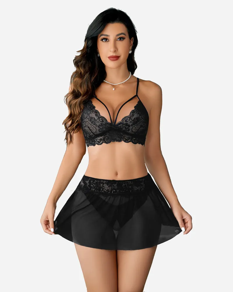 3 Piece Lingerie Sets Lace Bralette, Mini Skirt with Panty