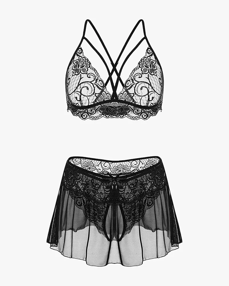 3 Piece Lingerie Sets Lace Bralette, Mini Skirt with Panty