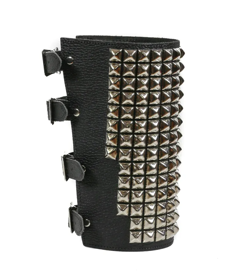 Black Leather Gauntlet w/ 14 Rows of Silver Pyramid Studs