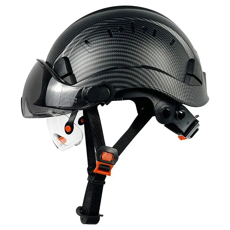 CE Carbon Fiber Pattern Construction Safety Helmet With Build In Visor Goggles