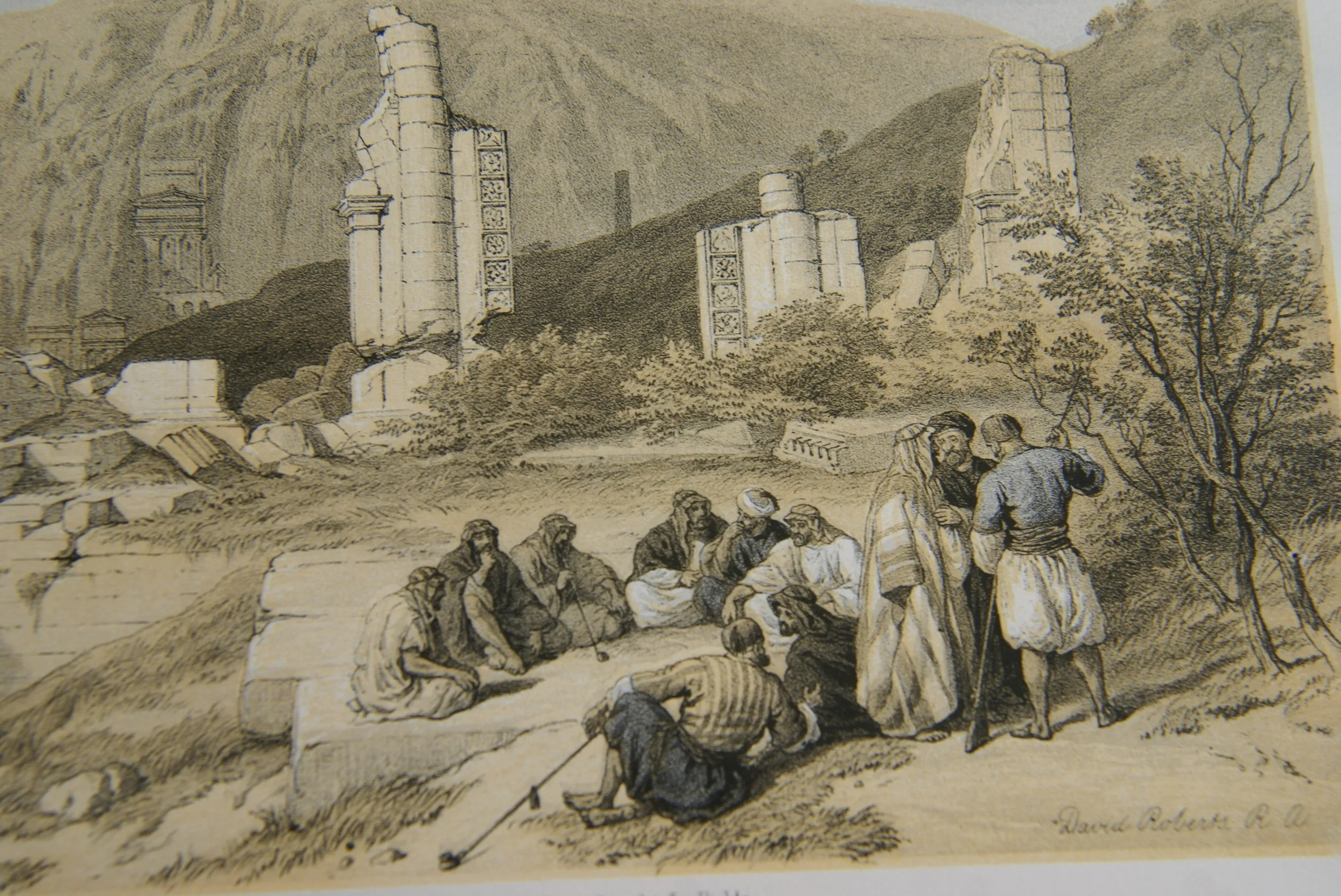 David Robert Authentic First Quarto Edition Duo-Toned Tinted Lithograph Published in 1855 London, Middle East Architecture: Plate 100, Remains of a Triumphal Arch at Petra, Jordan