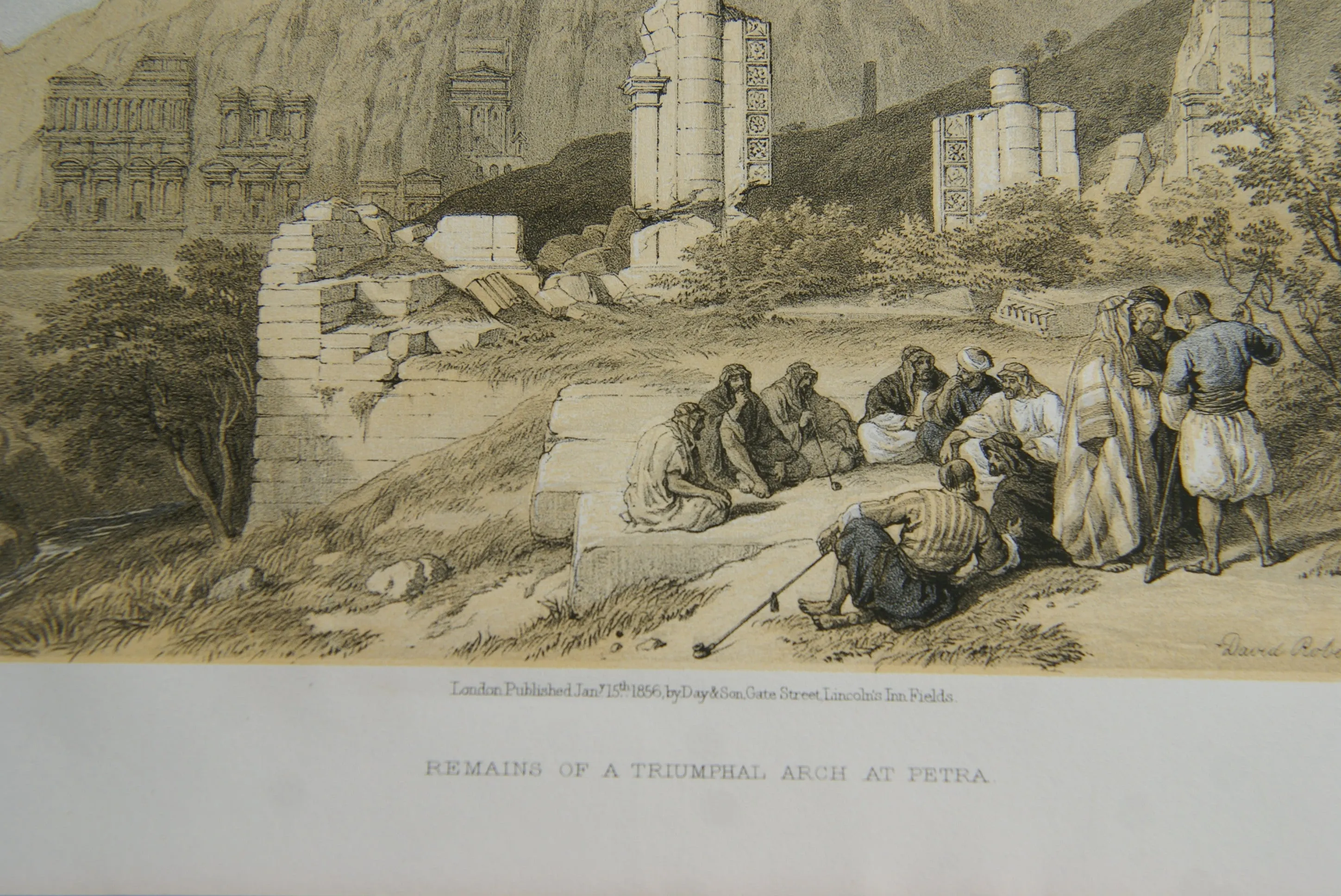 David Robert Authentic First Quarto Edition Duo-Toned Tinted Lithograph Published in 1855 London, Middle East Architecture: Plate 100, Remains of a Triumphal Arch at Petra, Jordan