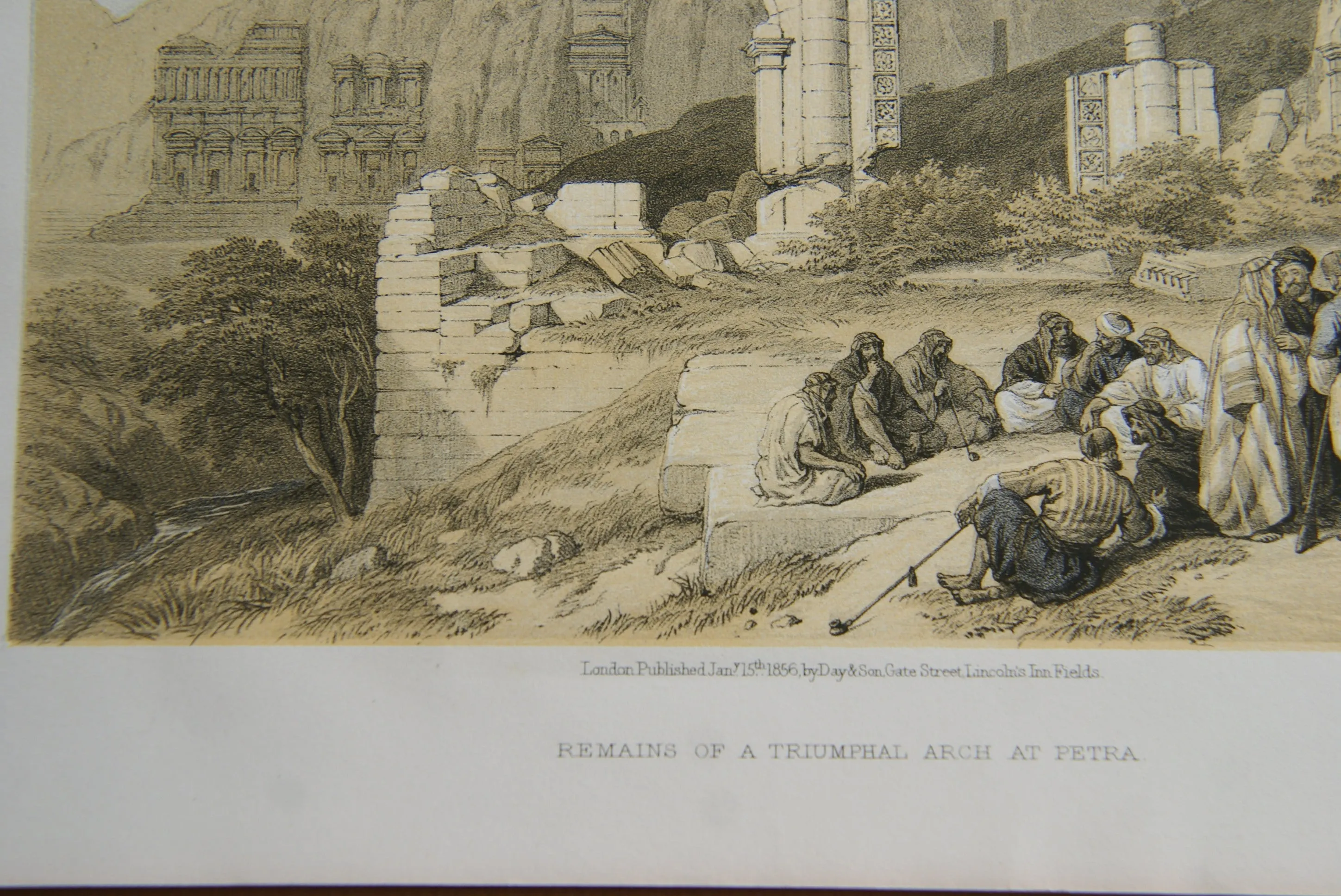 David Robert Authentic First Quarto Edition Duo-Toned Tinted Lithograph Published in 1855 London, Middle East Architecture: Plate 100, Remains of a Triumphal Arch at Petra, Jordan