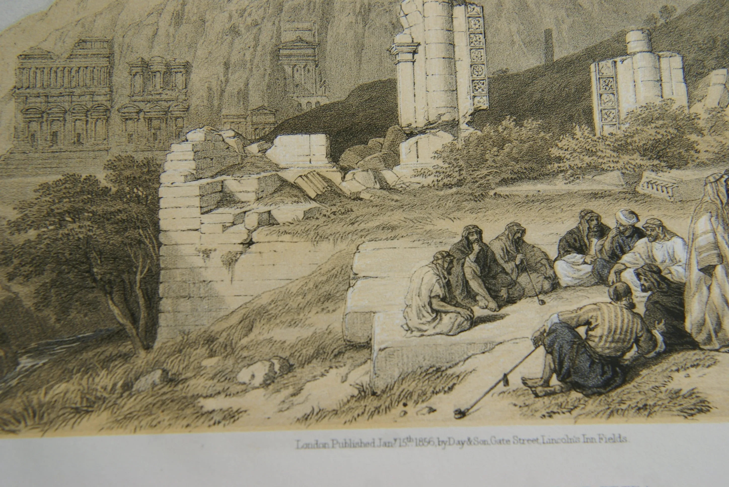 David Robert Authentic First Quarto Edition Duo-Toned Tinted Lithograph Published in 1855 London, Middle East Architecture: Plate 100, Remains of a Triumphal Arch at Petra, Jordan