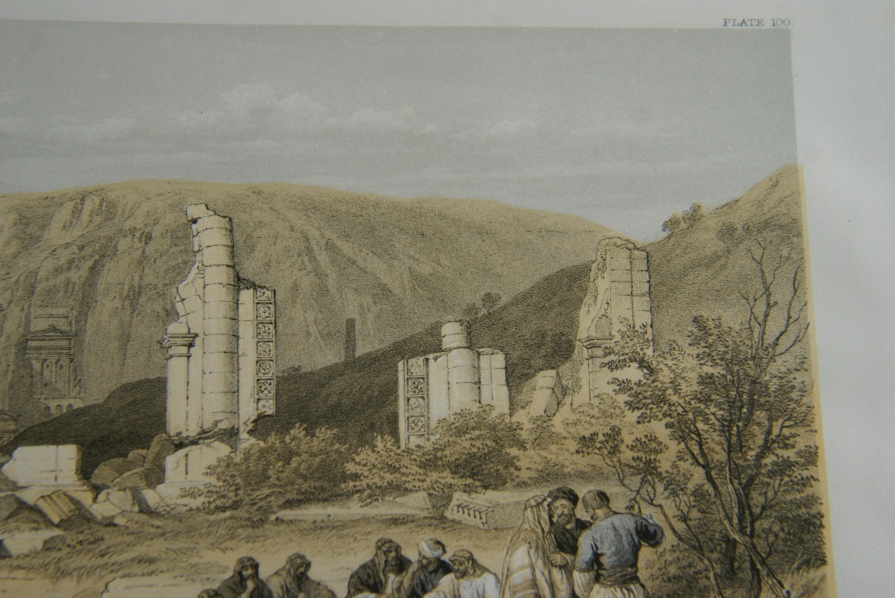 David Robert Authentic First Quarto Edition Duo-Toned Tinted Lithograph Published in 1855 London, Middle East Architecture: Plate 100, Remains of a Triumphal Arch at Petra, Jordan