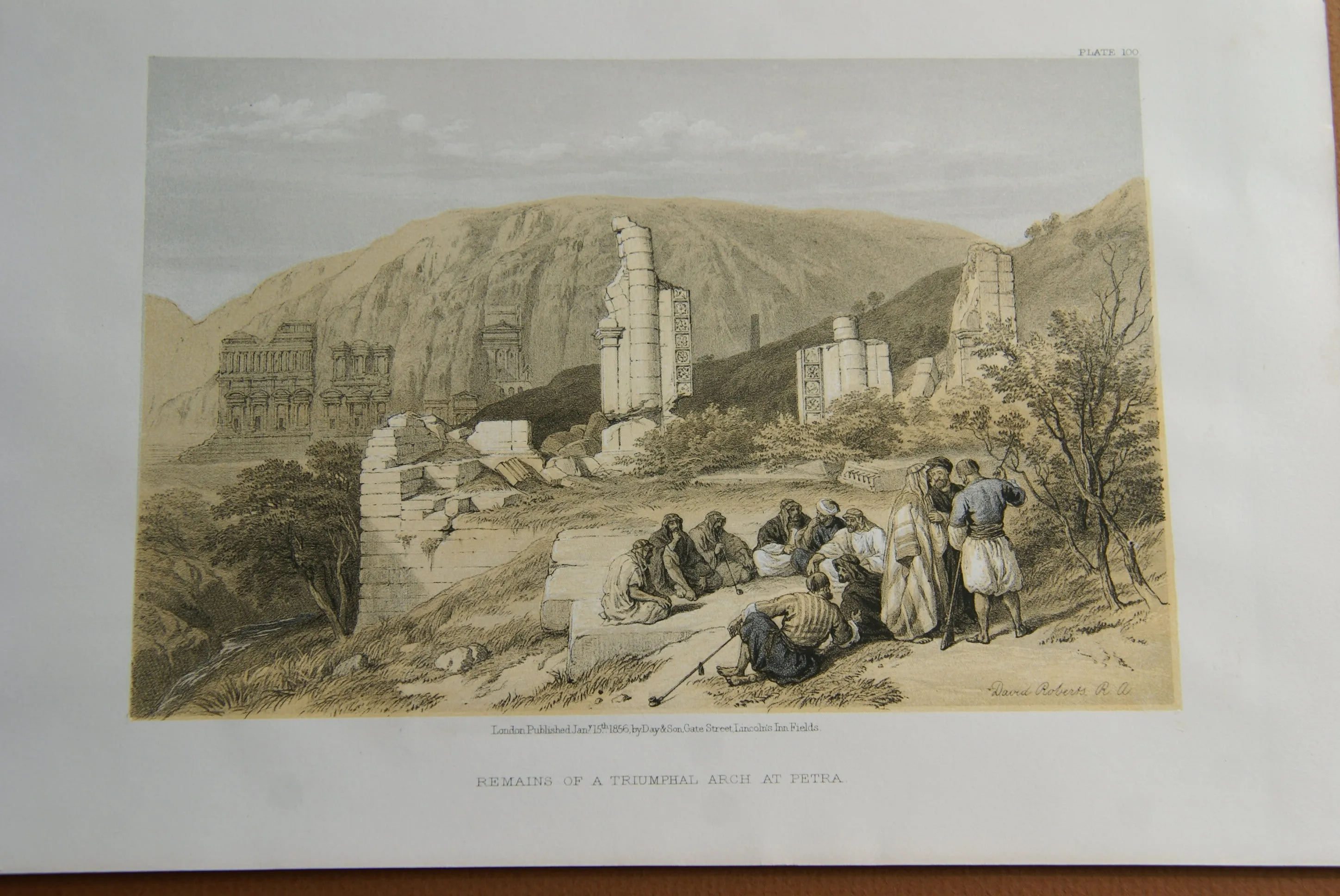 David Robert Authentic First Quarto Edition Duo-Toned Tinted Lithograph Published in 1855 London, Middle East Architecture: Plate 100, Remains of a Triumphal Arch at Petra, Jordan