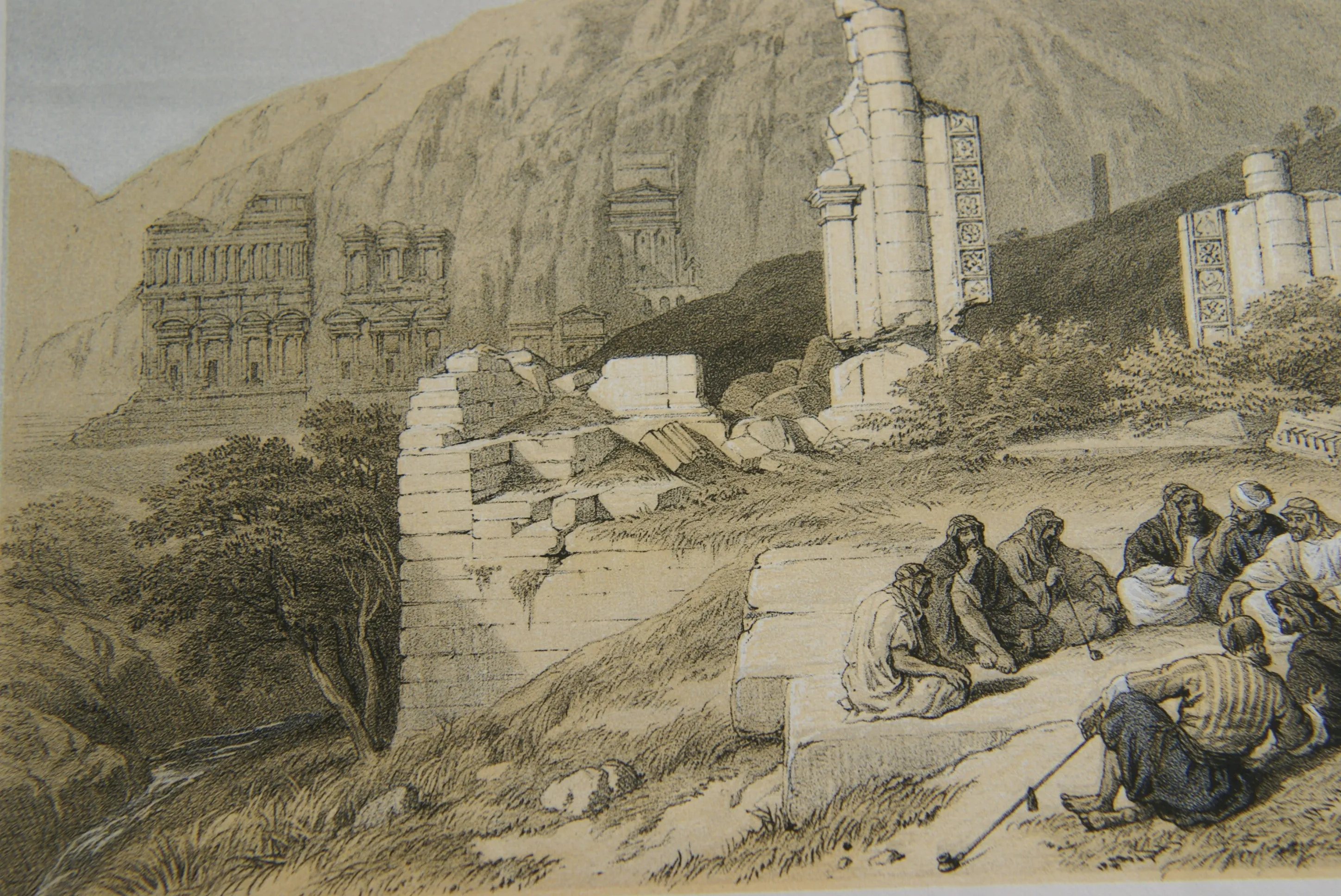 David Robert Authentic First Quarto Edition Duo-Toned Tinted Lithograph Published in 1855 London, Middle East Architecture: Plate 100, Remains of a Triumphal Arch at Petra, Jordan