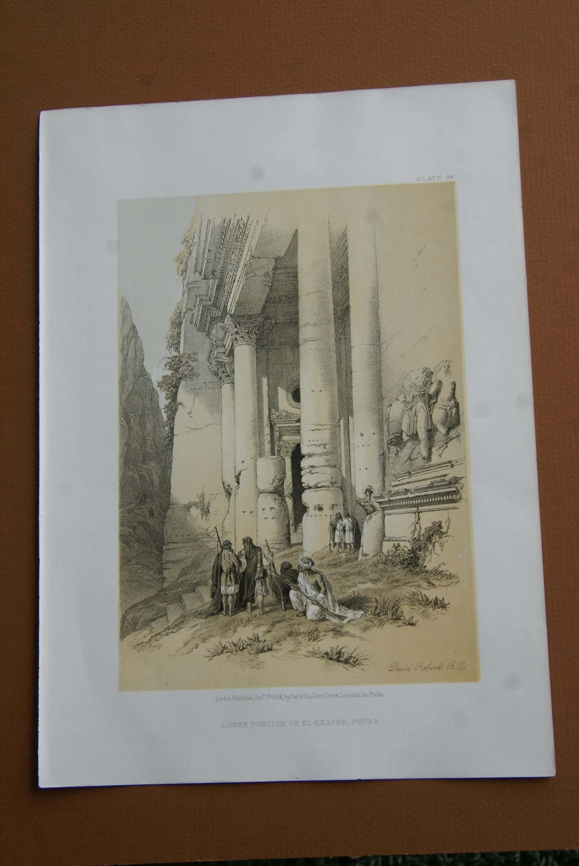 David Robert Authentic First Quarto Edition Duo-Toned Tinted Lithograph Published in 1855 London, Middle East Architecture: Plate 94, Lower Portion of El-Khasne, Petra, Jordan