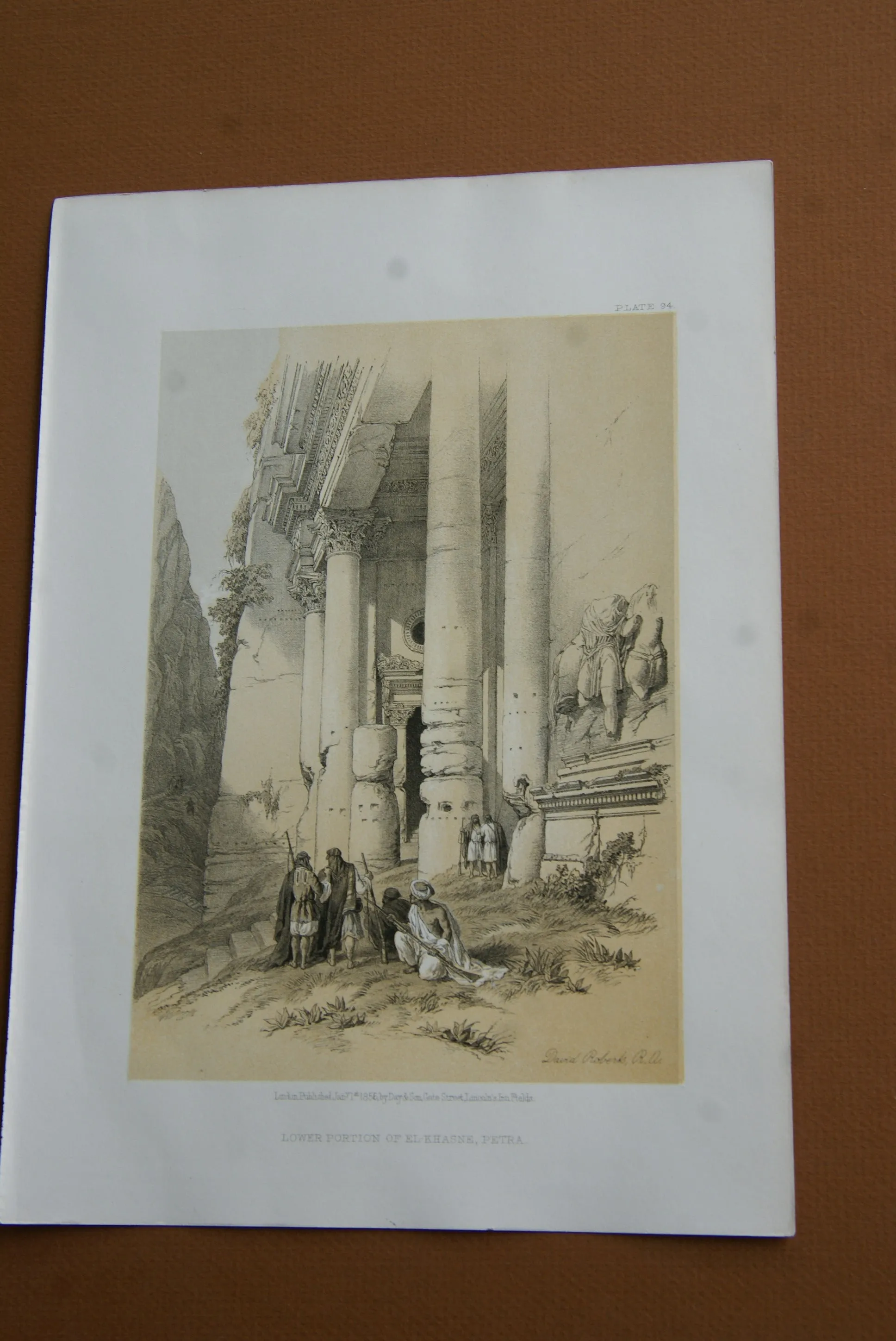 David Robert Authentic First Quarto Edition Duo-Toned Tinted Lithograph Published in 1855 London, Middle East Architecture: Plate 94, Lower Portion of El-Khasne, Petra, Jordan