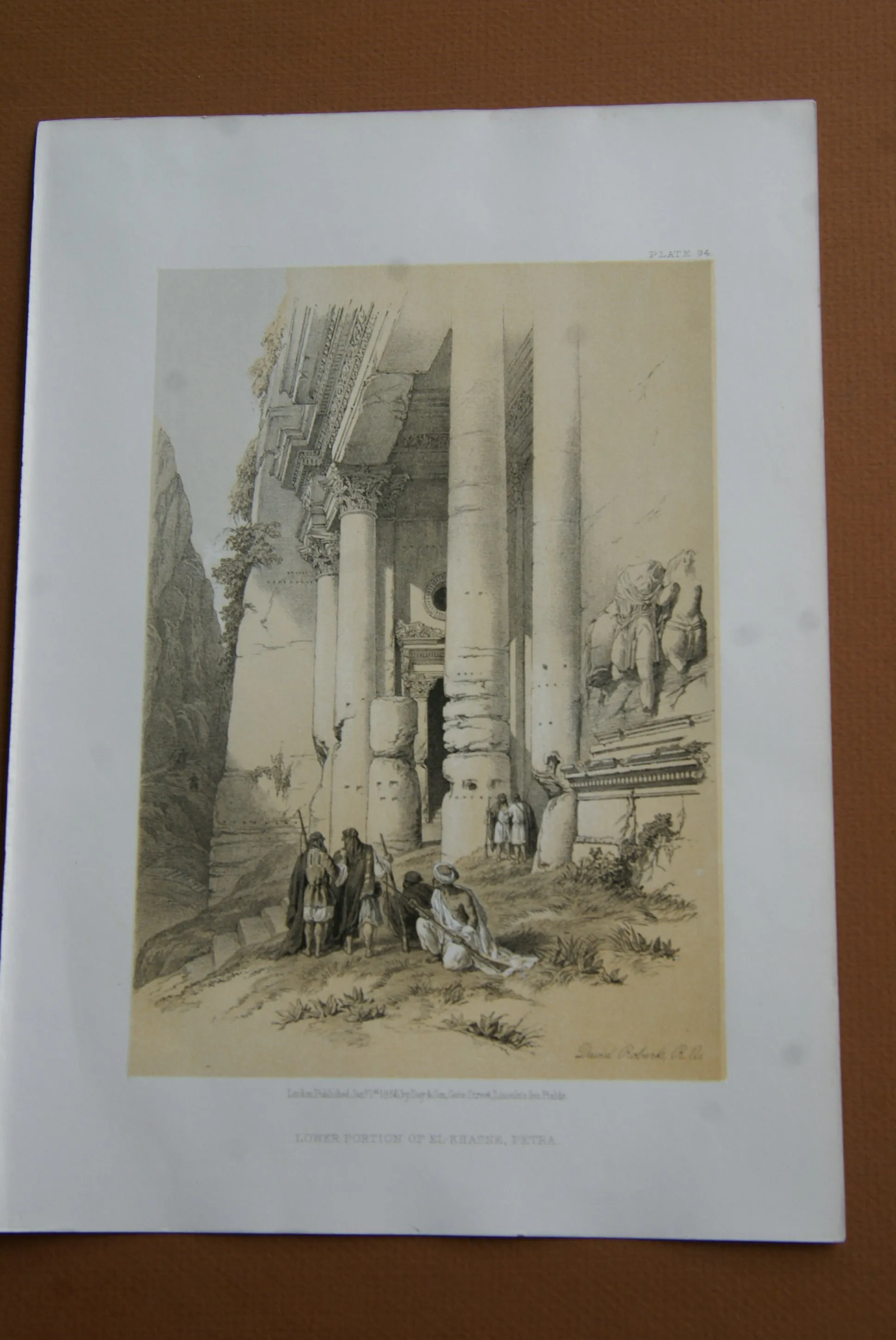 David Robert Authentic First Quarto Edition Duo-Toned Tinted Lithograph Published in 1855 London, Middle East Architecture: Plate 94, Lower Portion of El-Khasne, Petra, Jordan