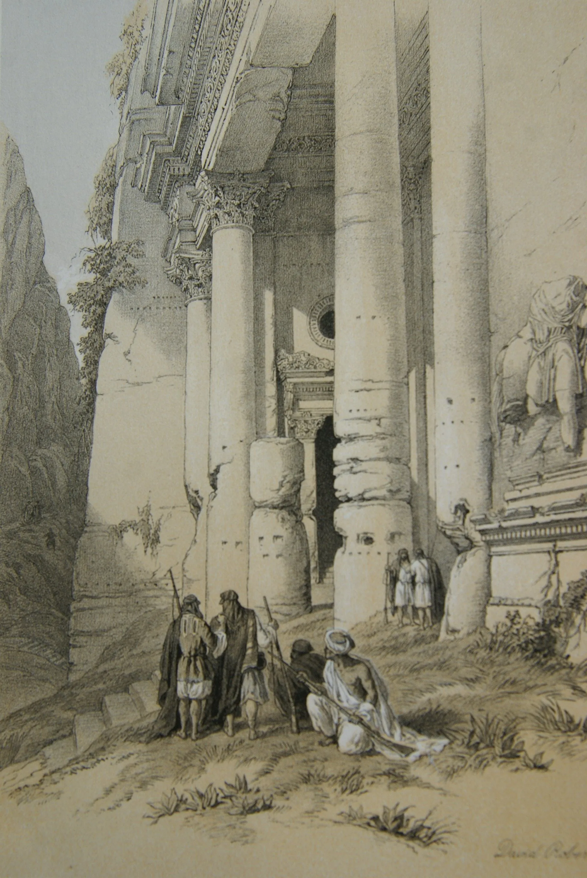 David Robert Authentic First Quarto Edition Duo-Toned Tinted Lithograph Published in 1855 London, Middle East Architecture: Plate 94, Lower Portion of El-Khasne, Petra, Jordan