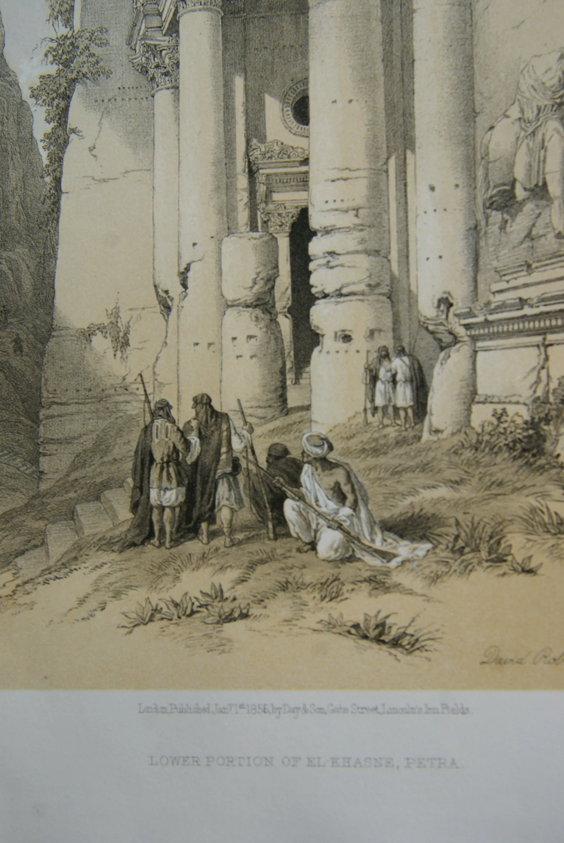 David Robert Authentic First Quarto Edition Duo-Toned Tinted Lithograph Published in 1855 London, Middle East Architecture: Plate 94, Lower Portion of El-Khasne, Petra, Jordan