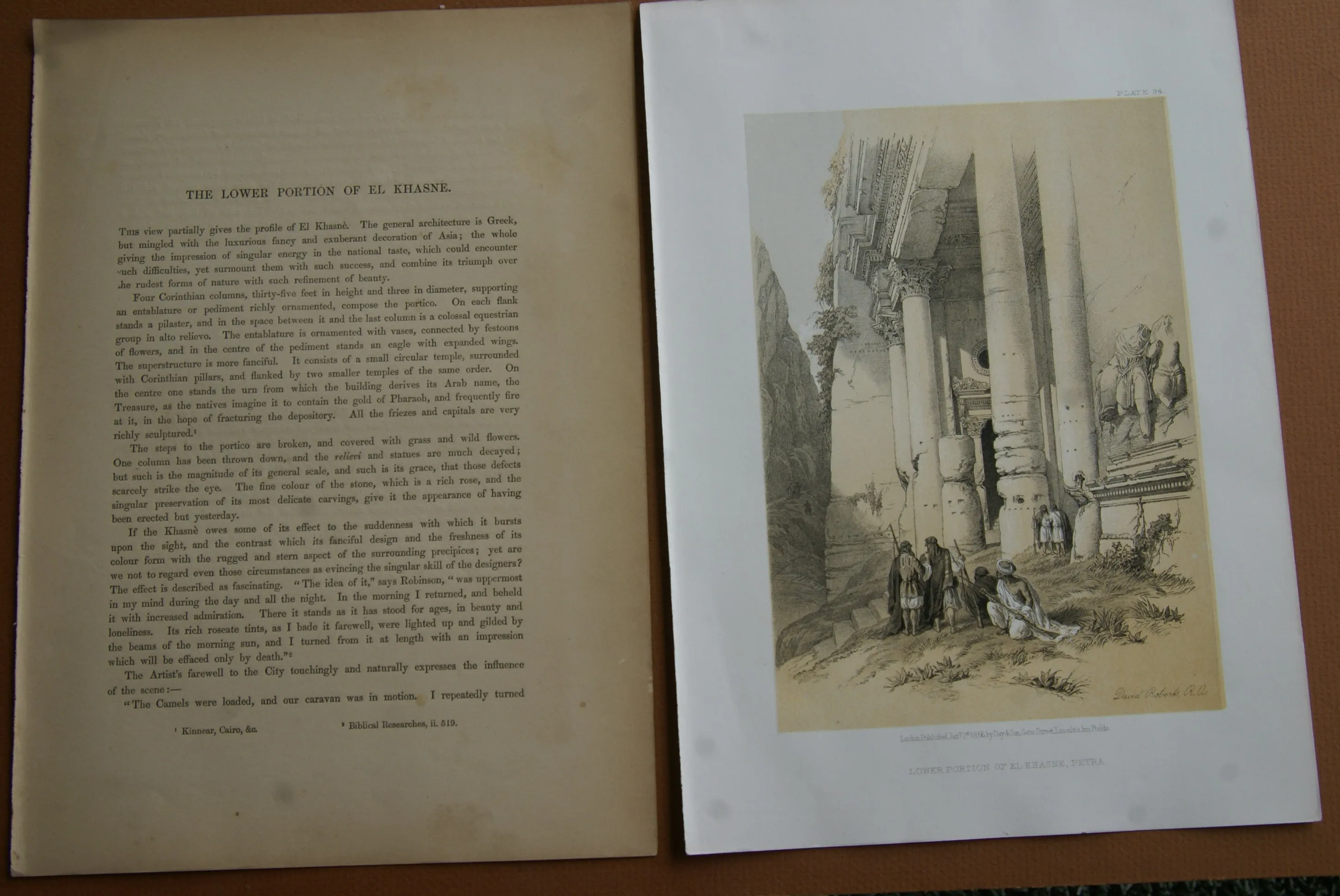 David Robert Authentic First Quarto Edition Duo-Toned Tinted Lithograph Published in 1855 London, Middle East Architecture: Plate 94, Lower Portion of El-Khasne, Petra, Jordan