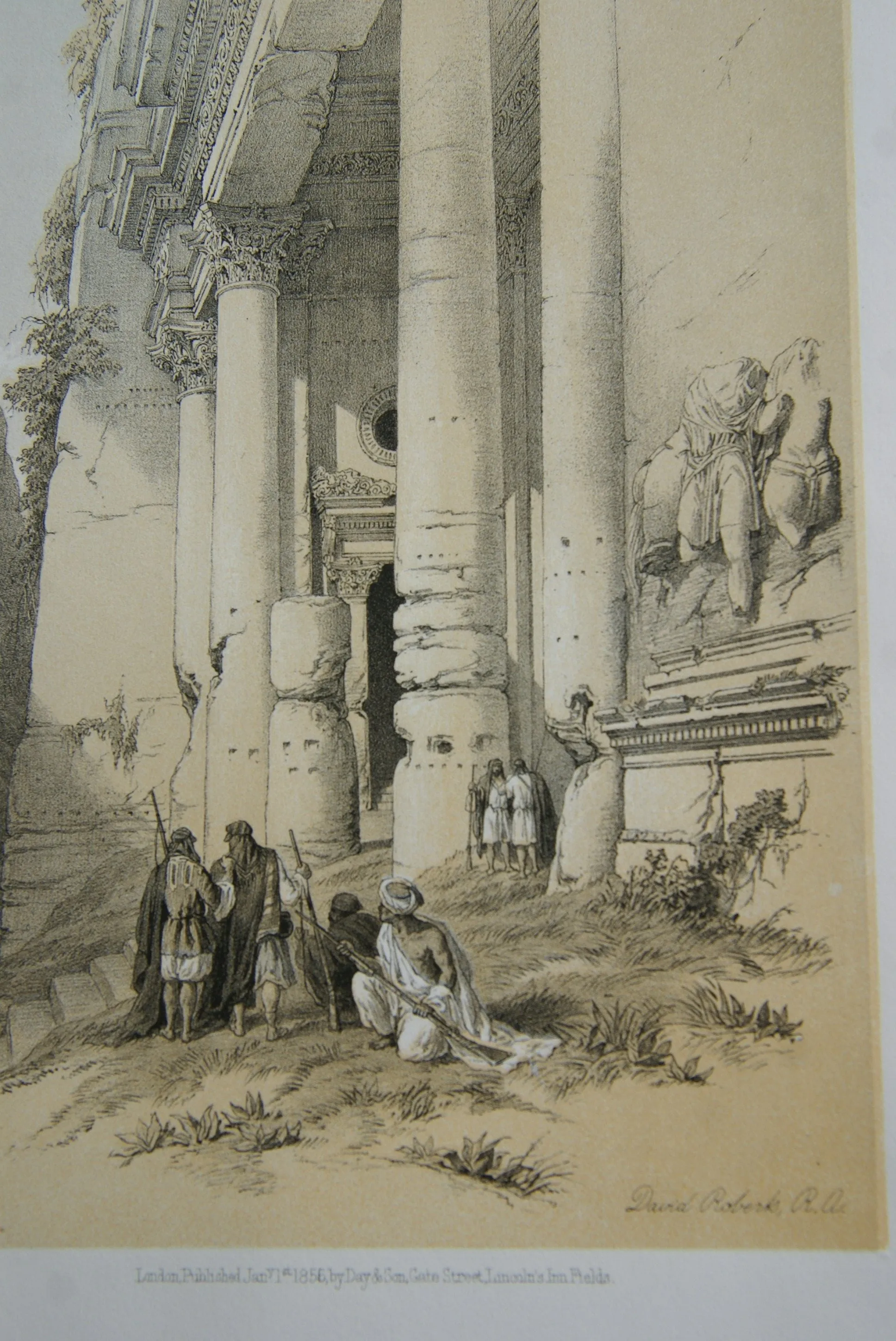 David Robert Authentic First Quarto Edition Duo-Toned Tinted Lithograph Published in 1855 London, Middle East Architecture: Plate 94, Lower Portion of El-Khasne, Petra, Jordan