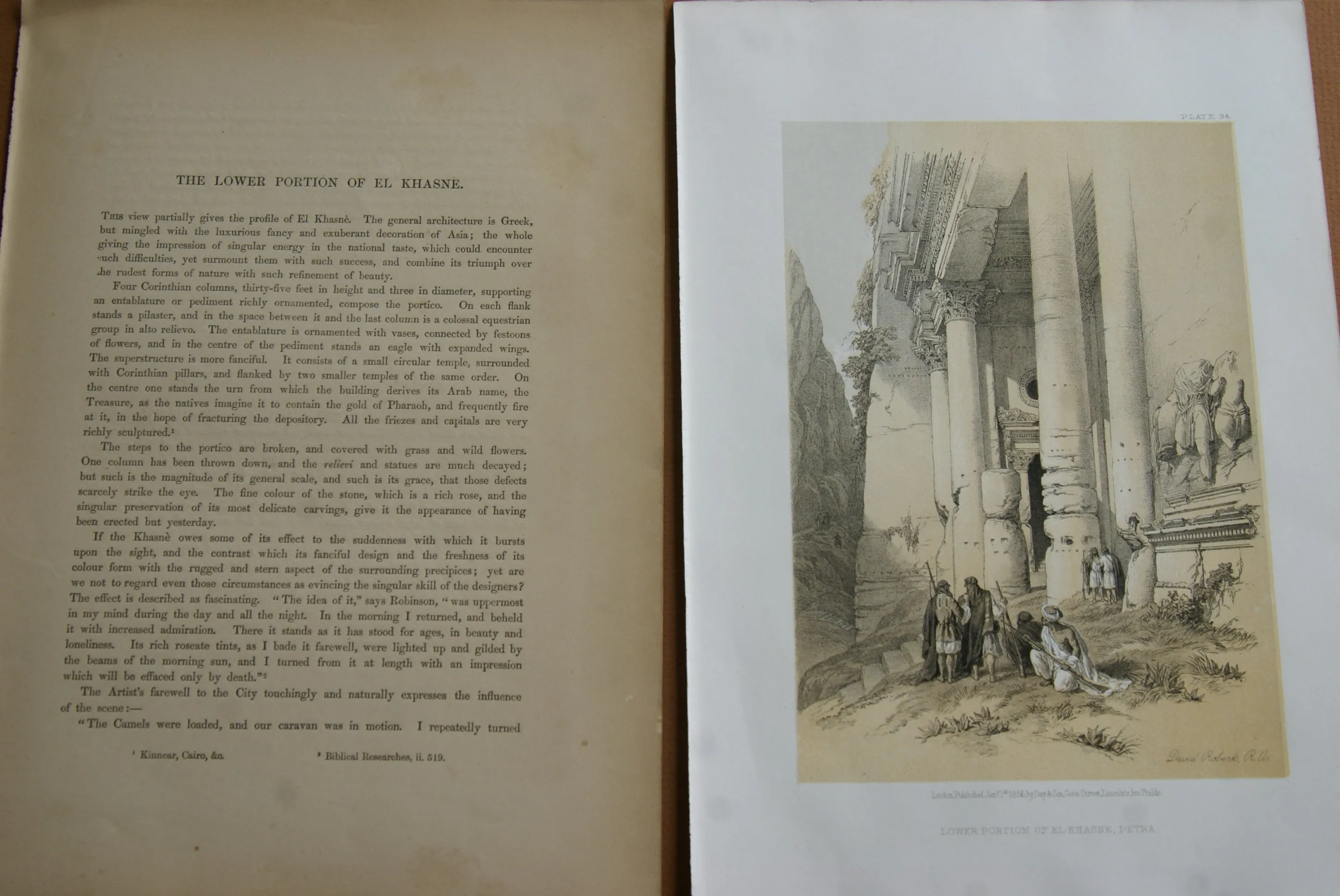 David Robert Authentic First Quarto Edition Duo-Toned Tinted Lithograph Published in 1855 London, Middle East Architecture: Plate 94, Lower Portion of El-Khasne, Petra, Jordan