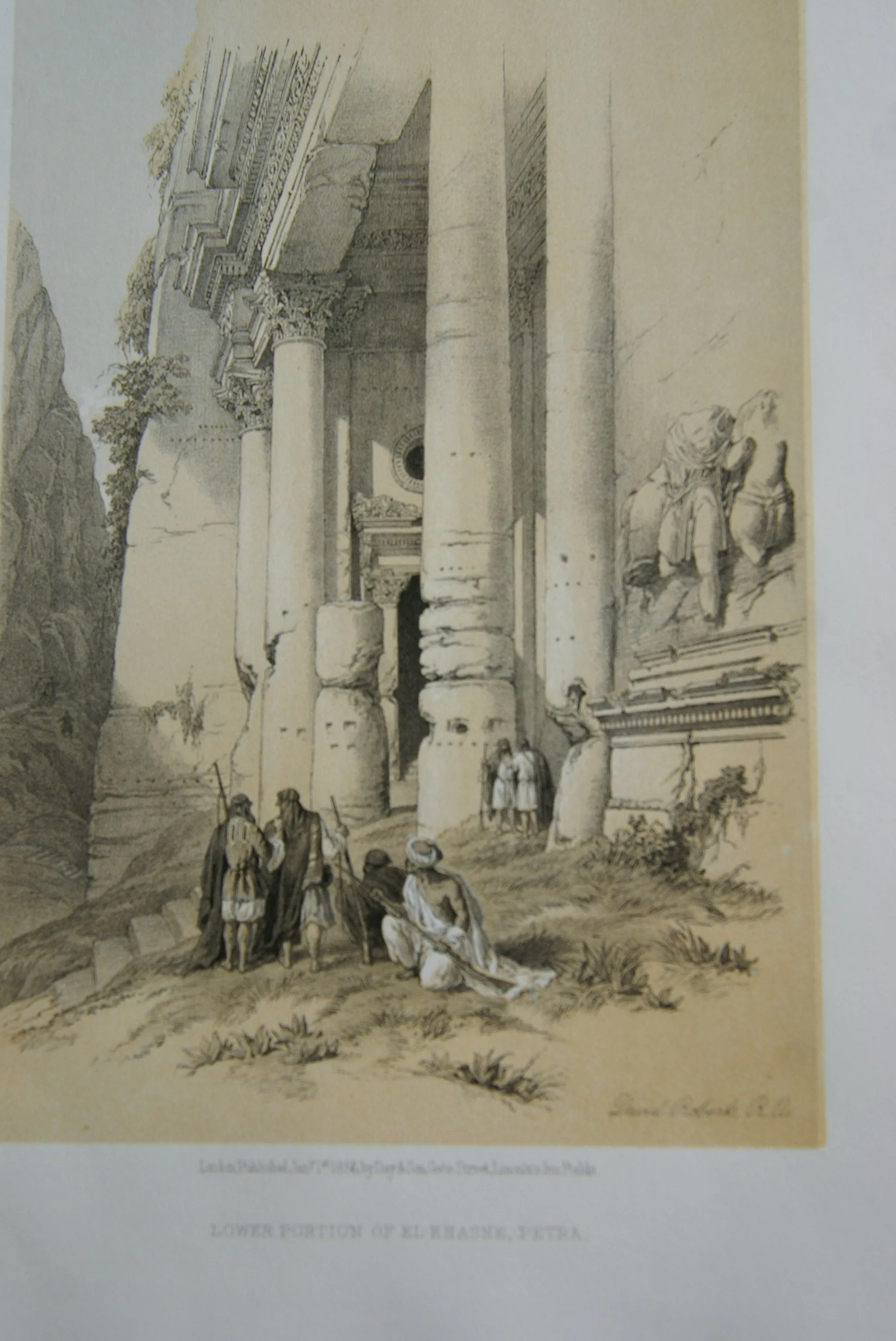 David Robert Authentic First Quarto Edition Duo-Toned Tinted Lithograph Published in 1855 London, Middle East Architecture: Plate 94, Lower Portion of El-Khasne, Petra, Jordan