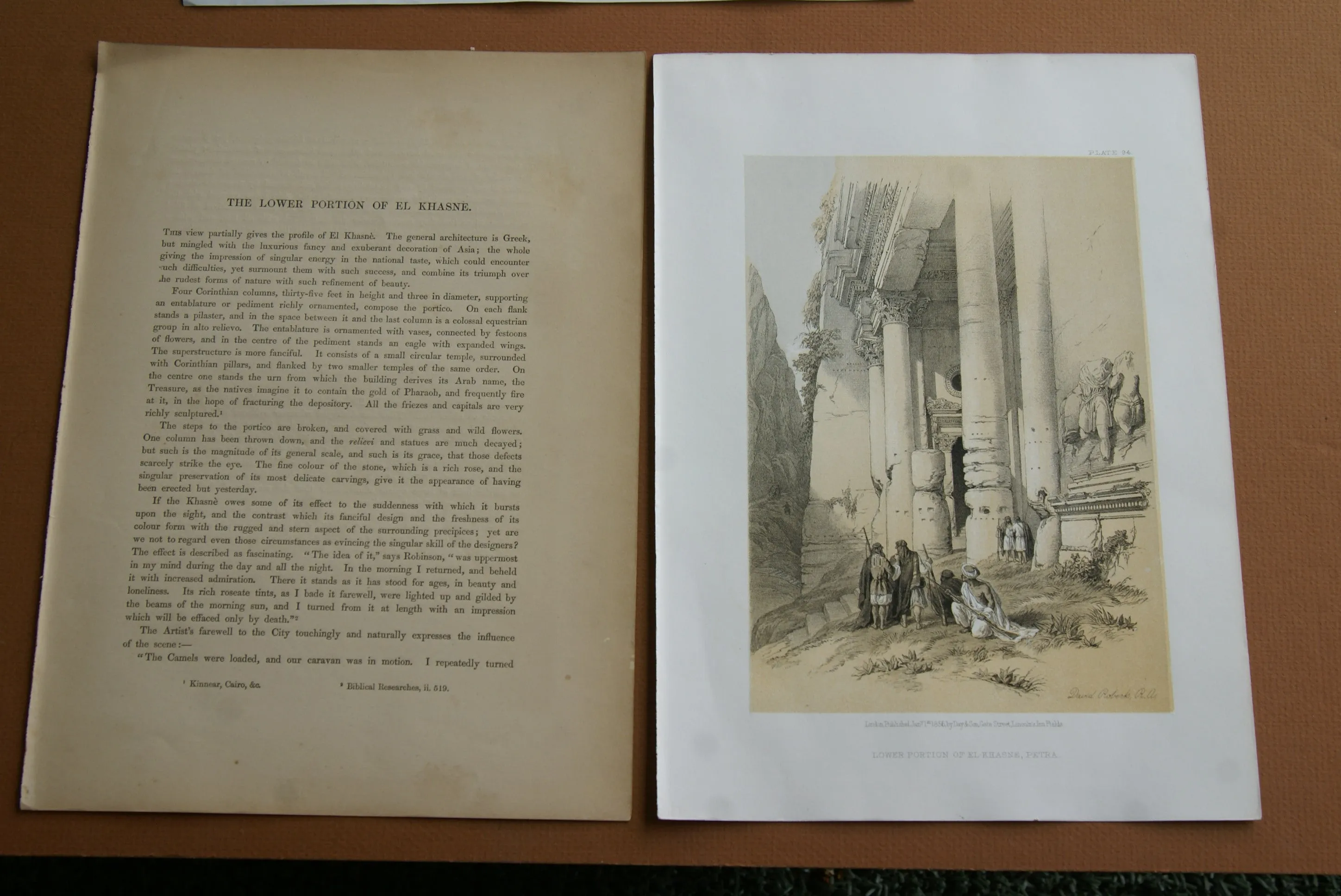 David Robert Authentic First Quarto Edition Duo-Toned Tinted Lithograph Published in 1855 London, Middle East Architecture: Plate 94, Lower Portion of El-Khasne, Petra, Jordan