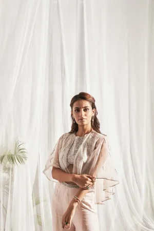 Embroidered Blouse & Pant Set With Cape