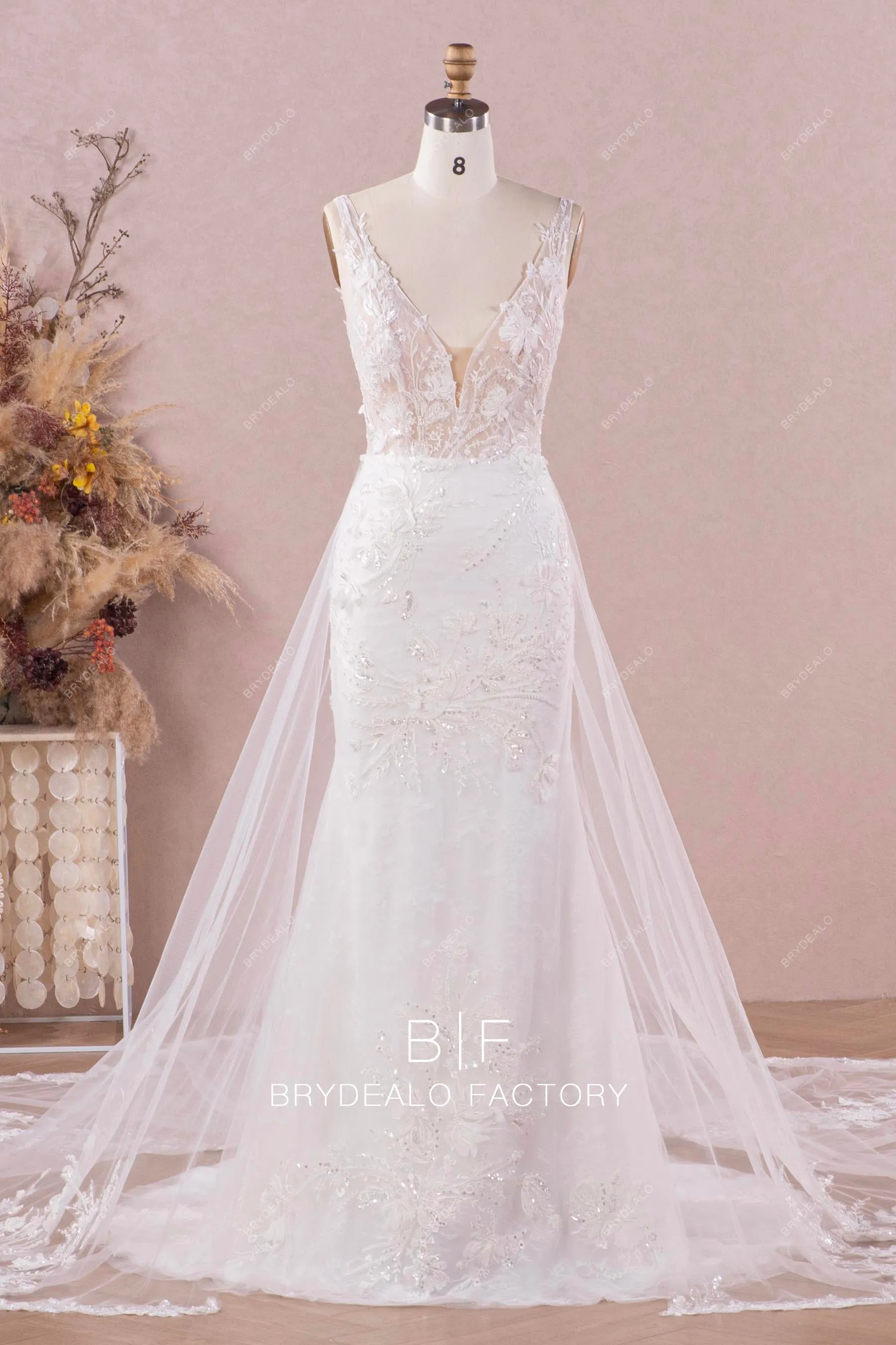 Enchanting Chiffon Blooms Mermaid Wedding Dress with Cutout Overskirt