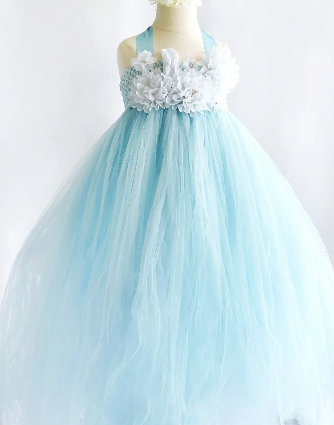 Fantastic Floriated Tulle Dress with Pearl Accents - Light Blue