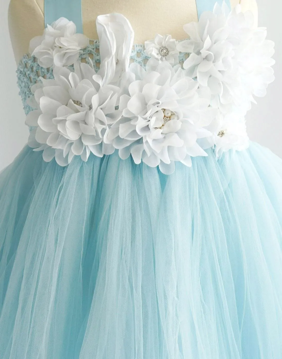 Fantastic Floriated Tulle Dress with Pearl Accents - Light Blue