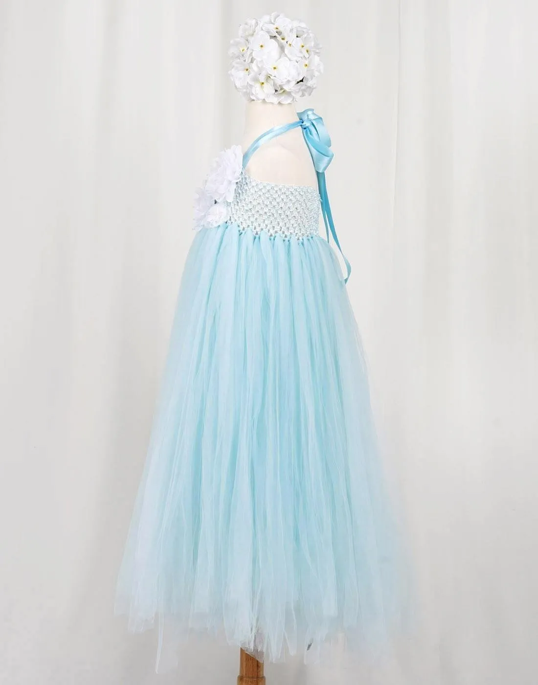 Fantastic Floriated Tulle Dress with Pearl Accents - Light Blue