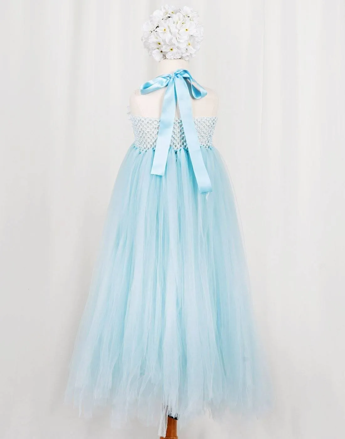 Fantastic Floriated Tulle Dress with Pearl Accents - Light Blue