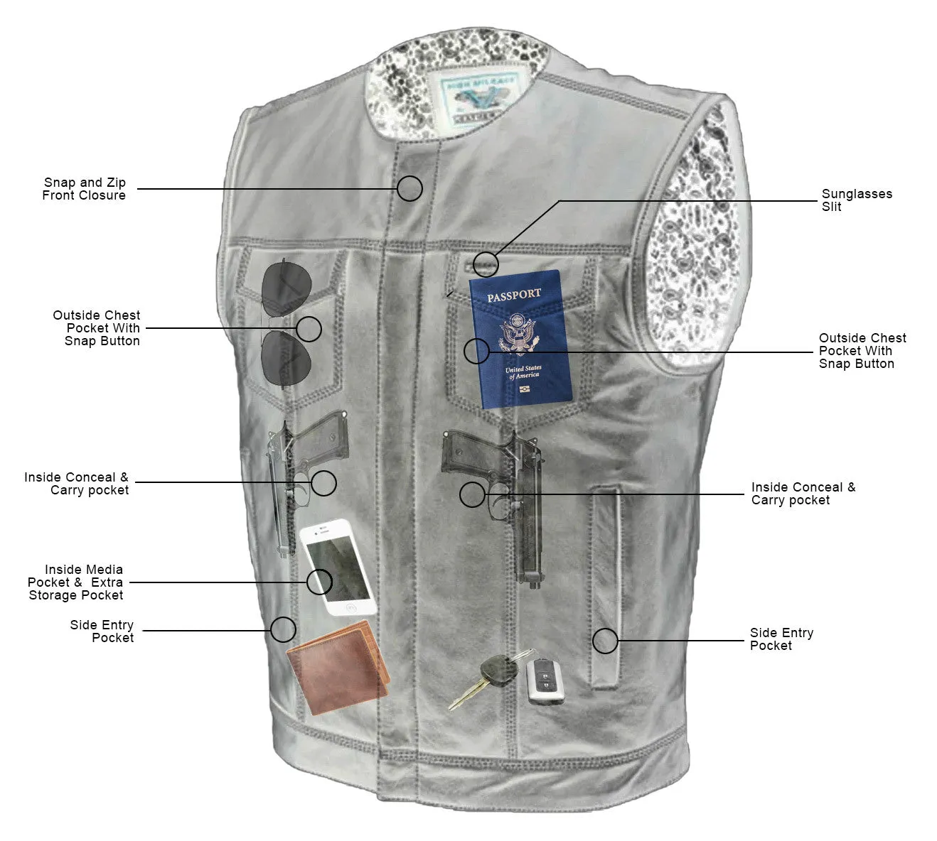 HMM919BP High Mileage Men's Zipper and Snap Closure Leather Club Vest Quick Access Gun Pocket w/Paisley Liner