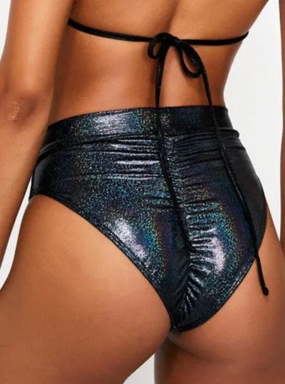 Hologram Highcut Scrunchback Bikini Bottoms in Gunmetal