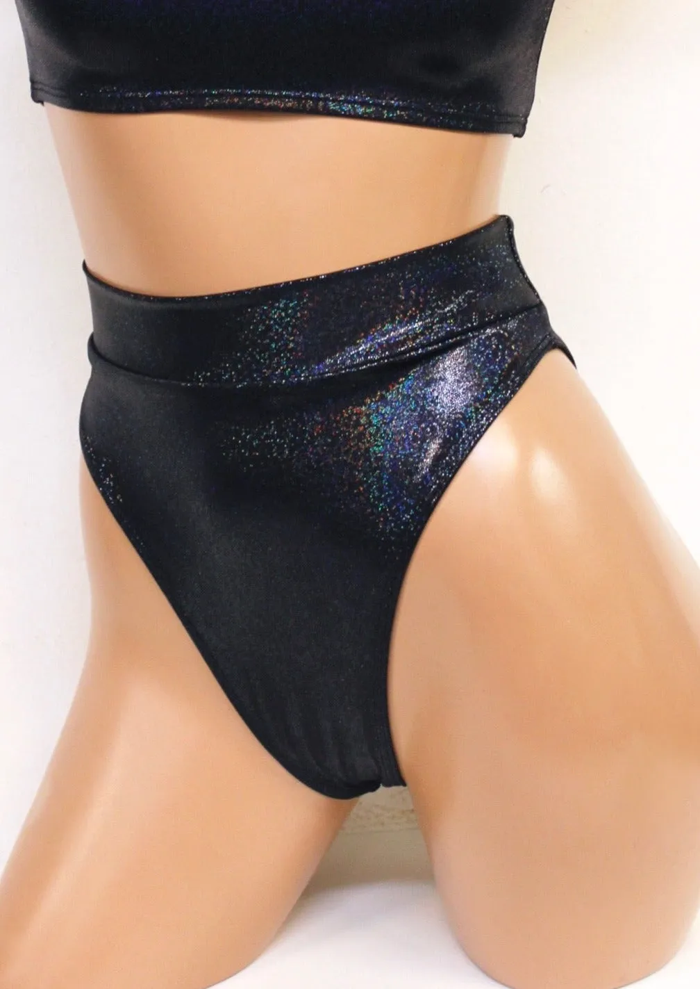 Hologram Highcut Thongback Bikini Bottoms in Gunmetal