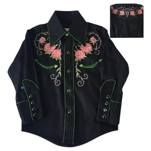 Kid's Embroidered Steer Skull & Roses Western Shirt in Black