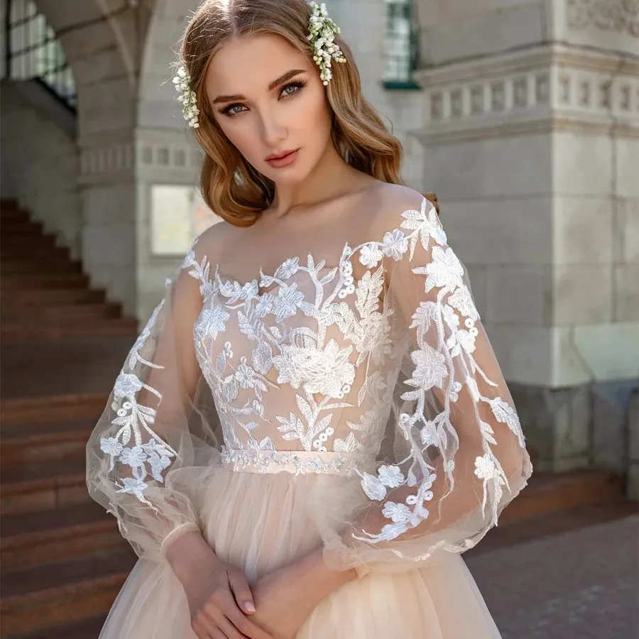 Lace Appliques A-Line Wedding Dresses Beach Lantern Sleeves Tulle Boho Wedding Gowns Elegant Princess Wedding Party Dress