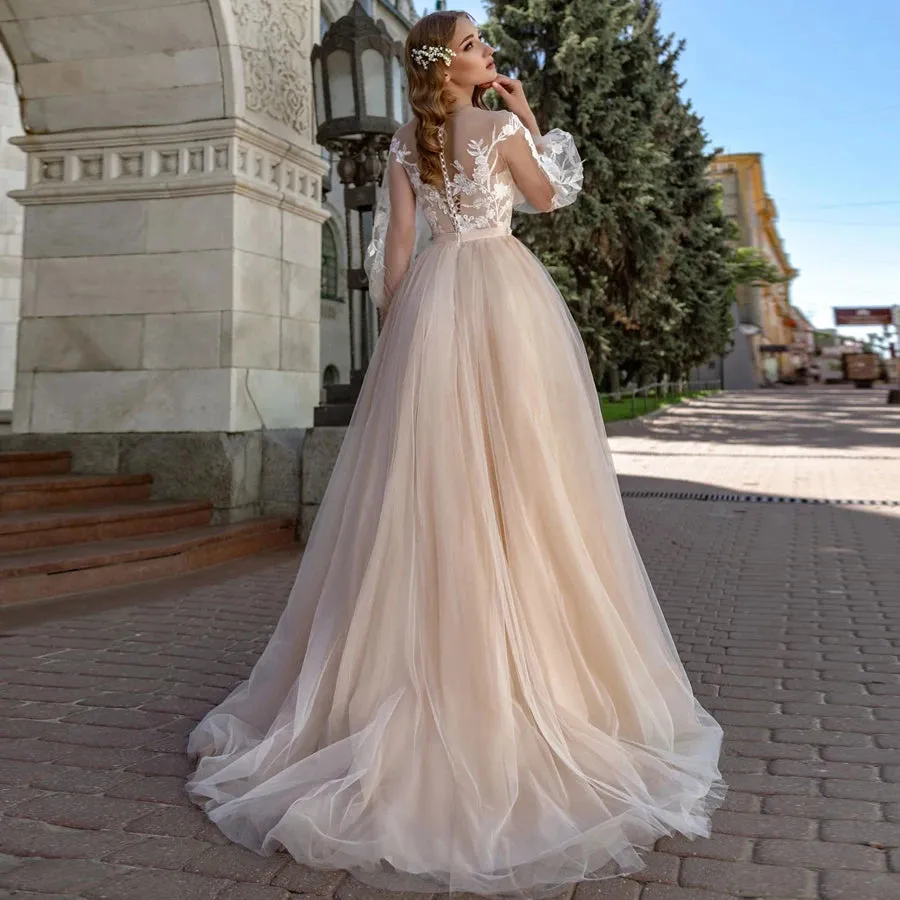 Lace Appliques A-Line Wedding Dresses Beach Lantern Sleeves Tulle Boho Wedding Gowns Elegant Princess Wedding Party Dress