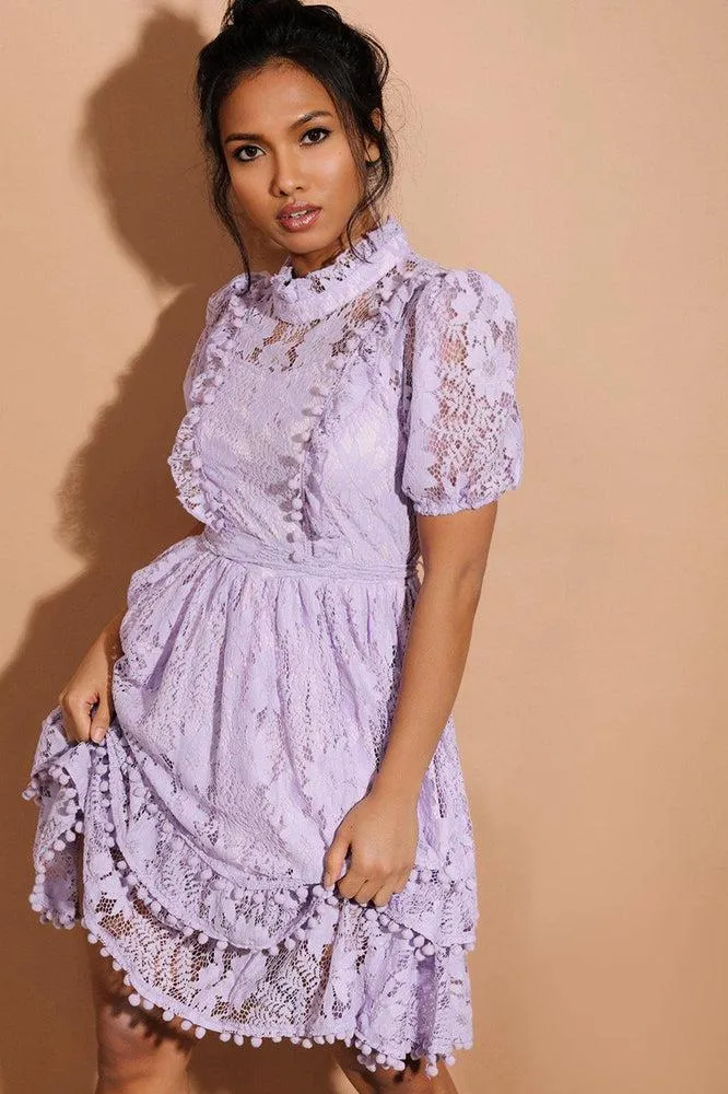 Lilac Pom Pom Trims Layered Delicate Lace Dress