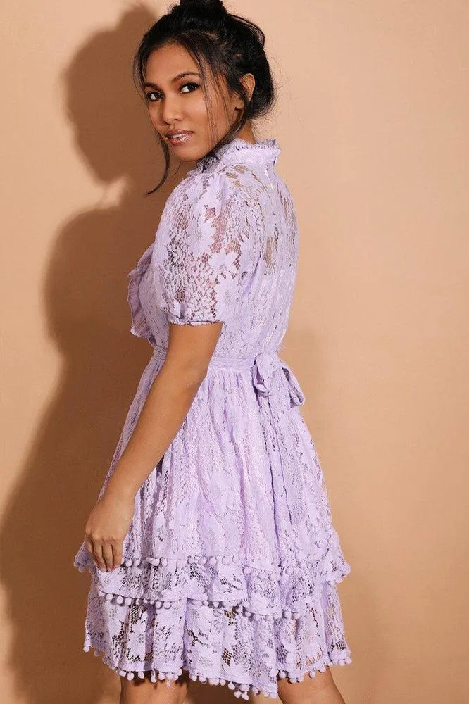 Lilac Pom Pom Trims Layered Delicate Lace Dress