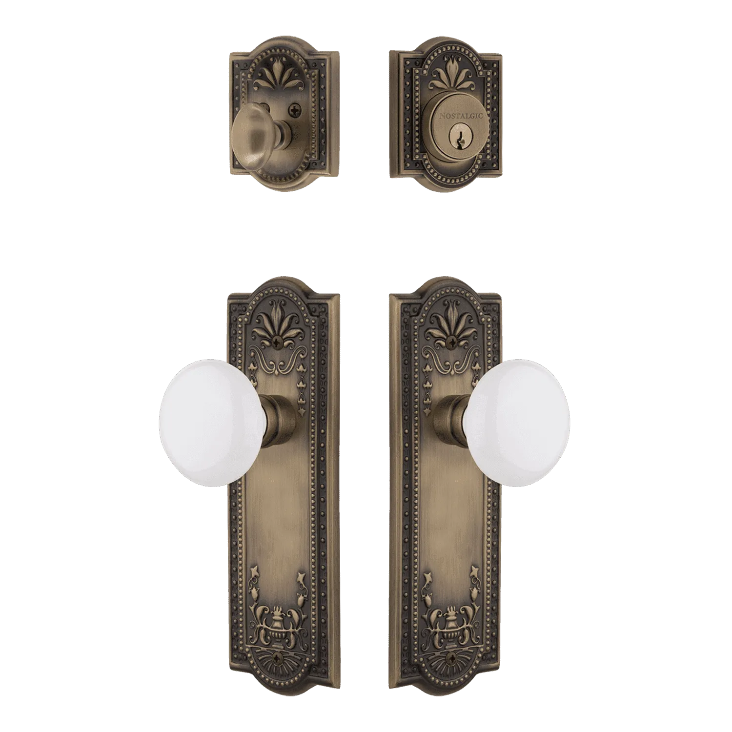 Meadows Entry Set with White Porcelain Knob in Antique Brass