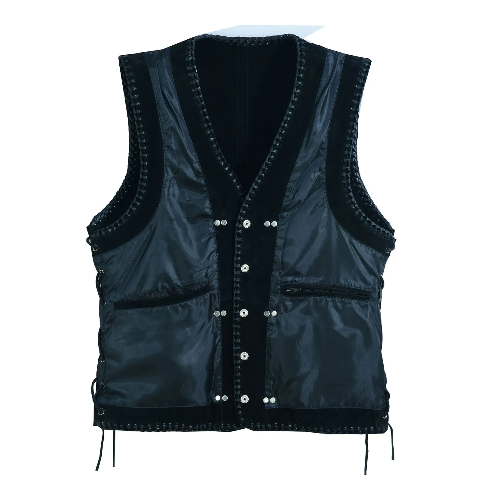 Men Black Suede Biker Leather Vest with Spanish Braid and Metal Clasps