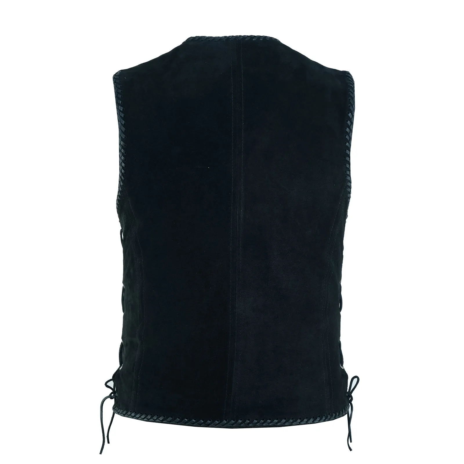 Men Black Suede Biker Leather Vest with Spanish Braid and Metal Clasps