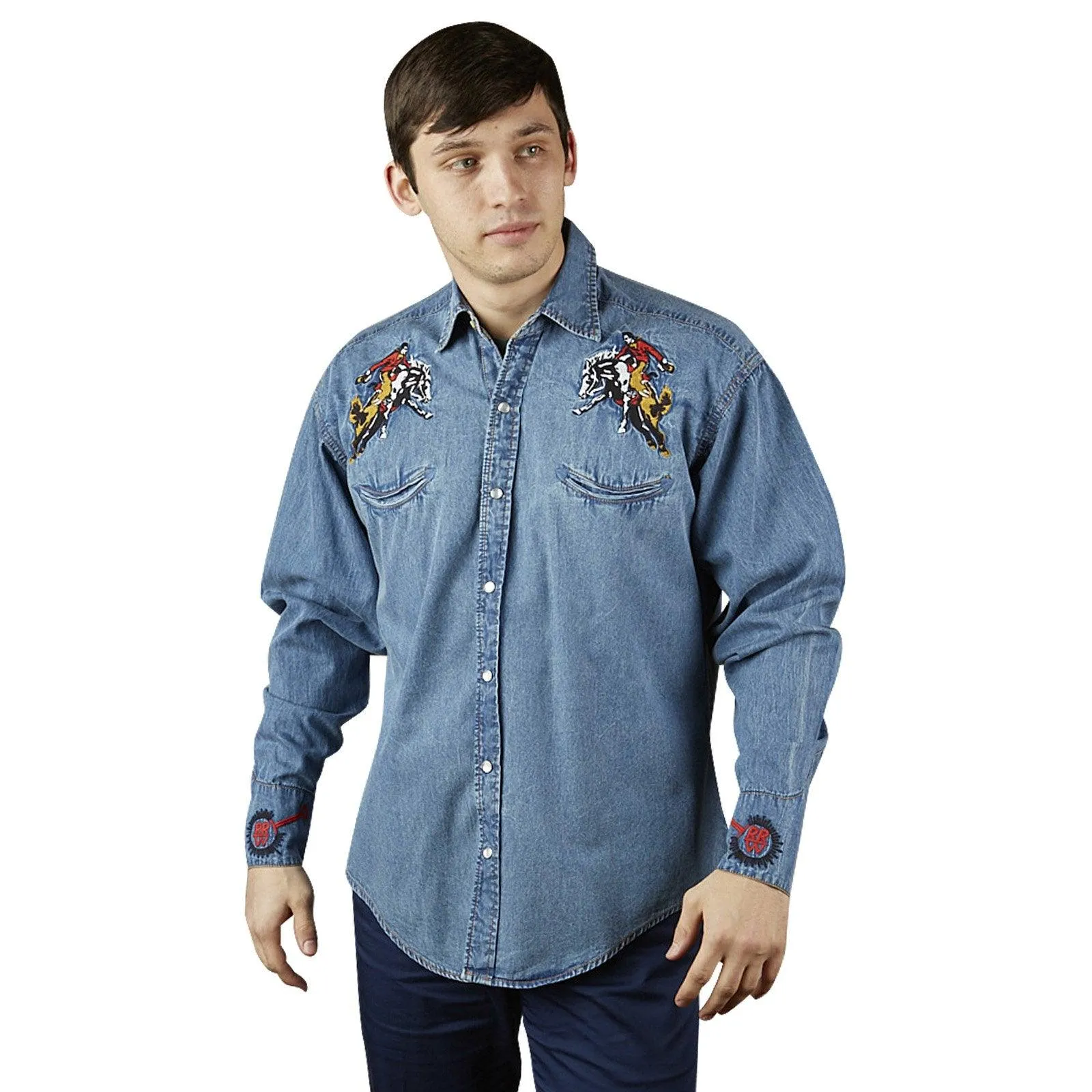 Men’s Rockmount Bronc Vintage Embroidery Western Shirt in Denim