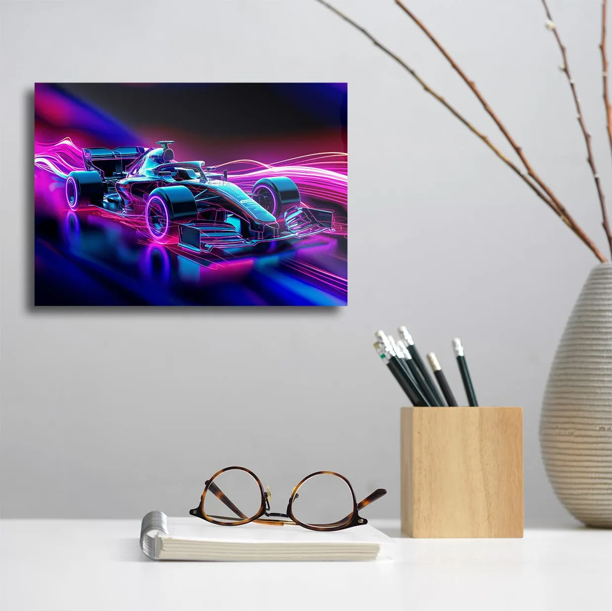 Neon Glowing Formula One Racecar - Metal Wall Art