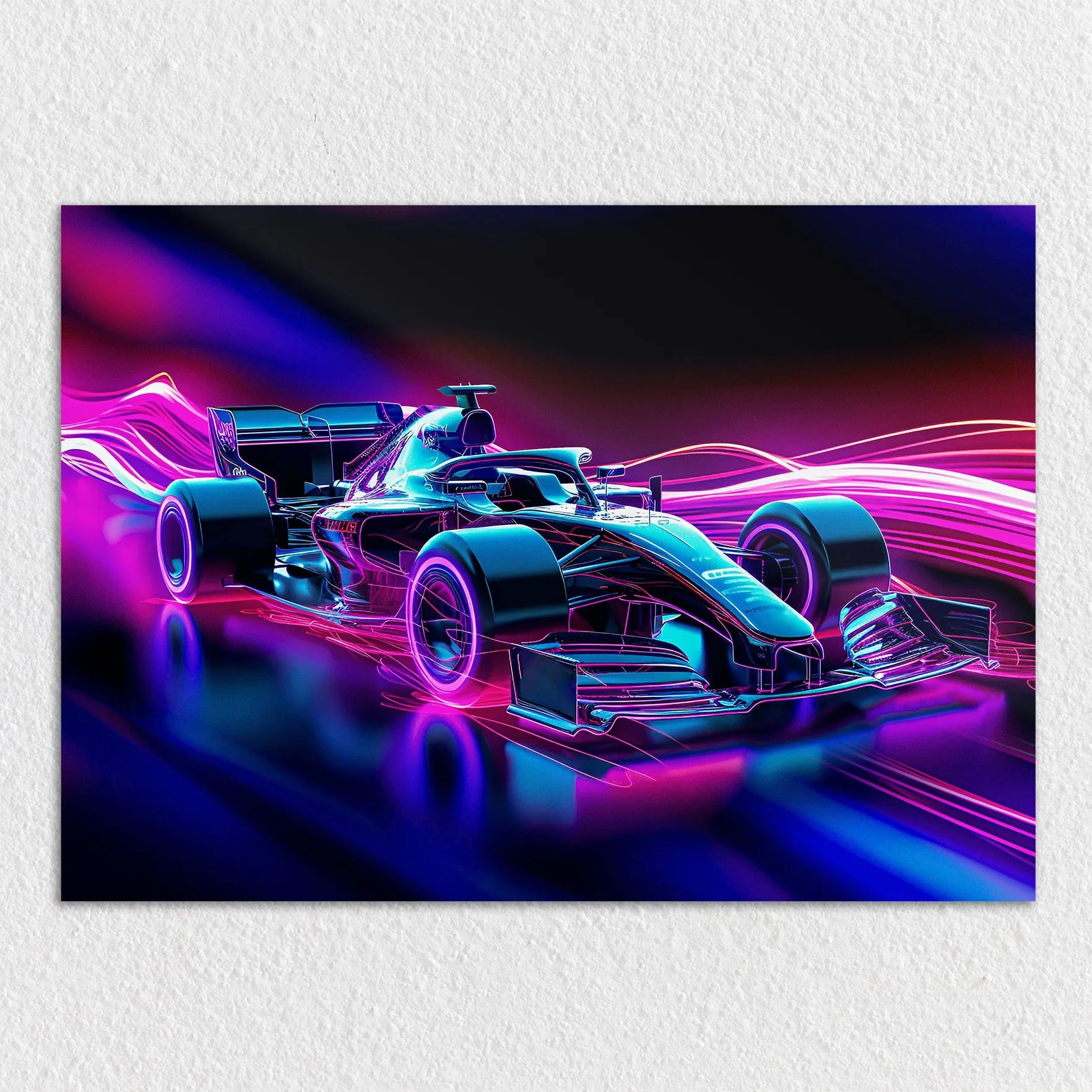 Neon Glowing Formula One Racecar - Metal Wall Art