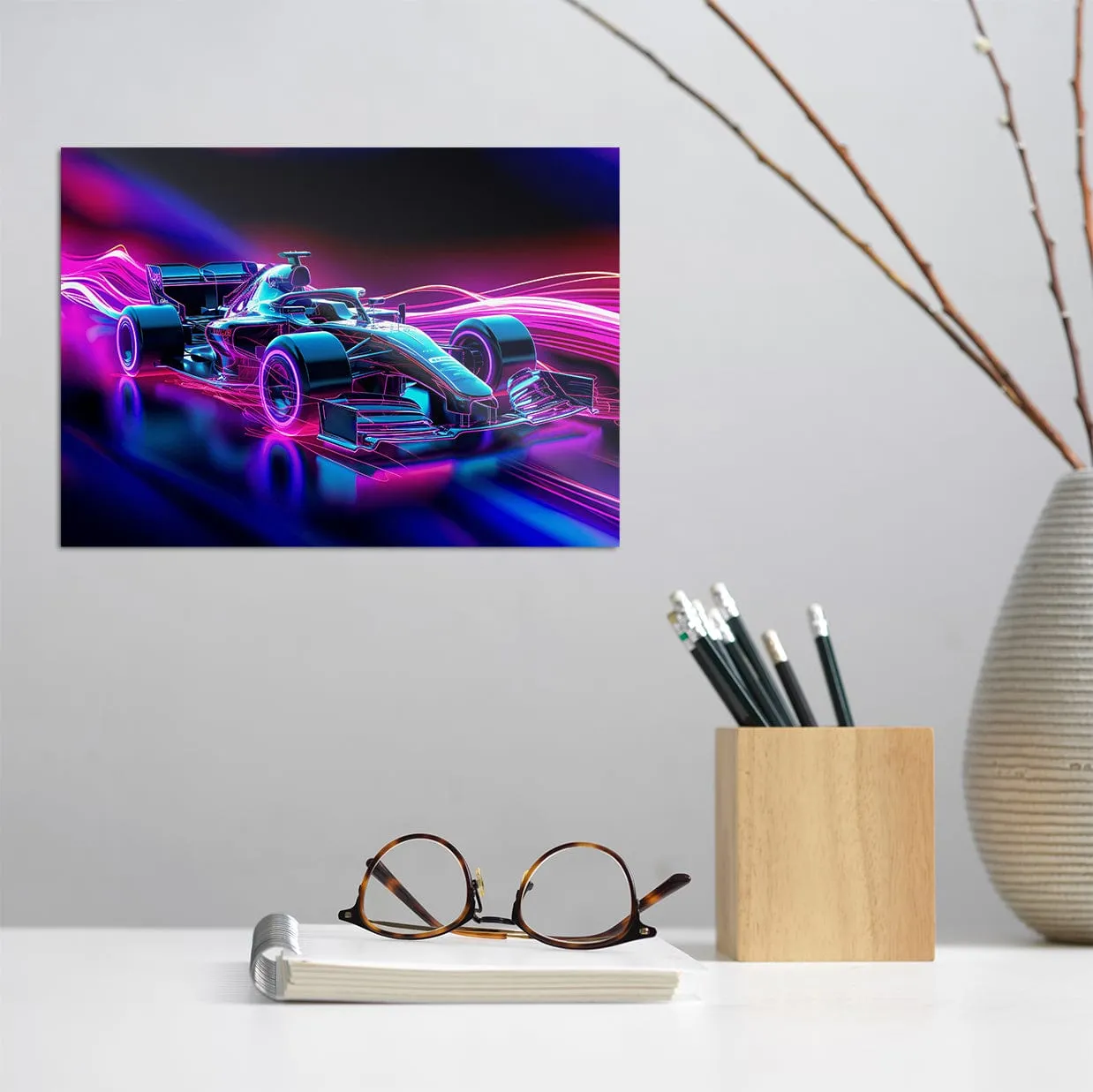 Neon Glowing Formula One Racecar - Metal Wall Art