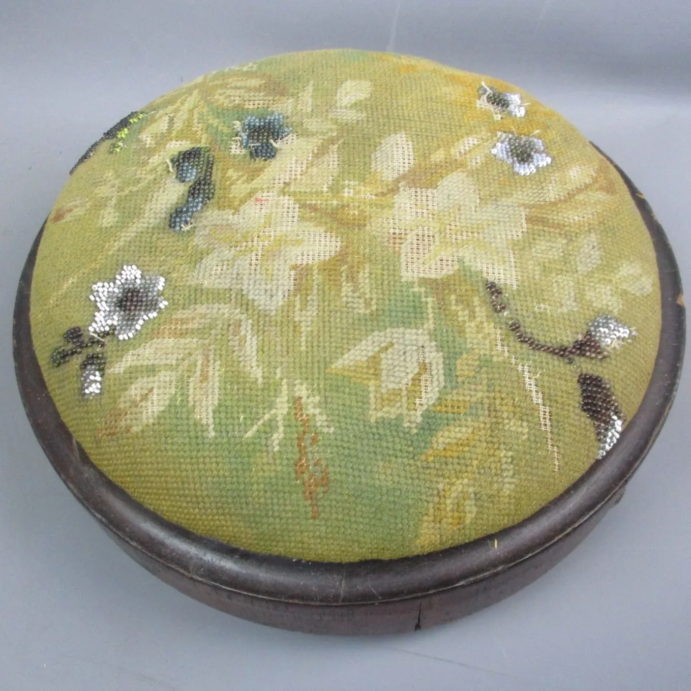 Oak & Tapestry Beadwork Floral Design Footstool Antique Victorian c1870