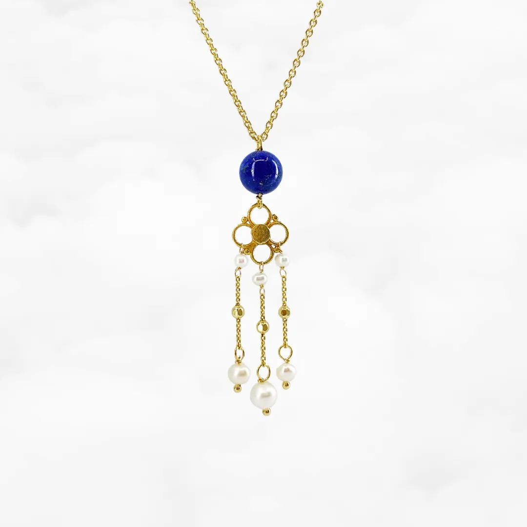 Pearl and Lapis Tassel Necklace