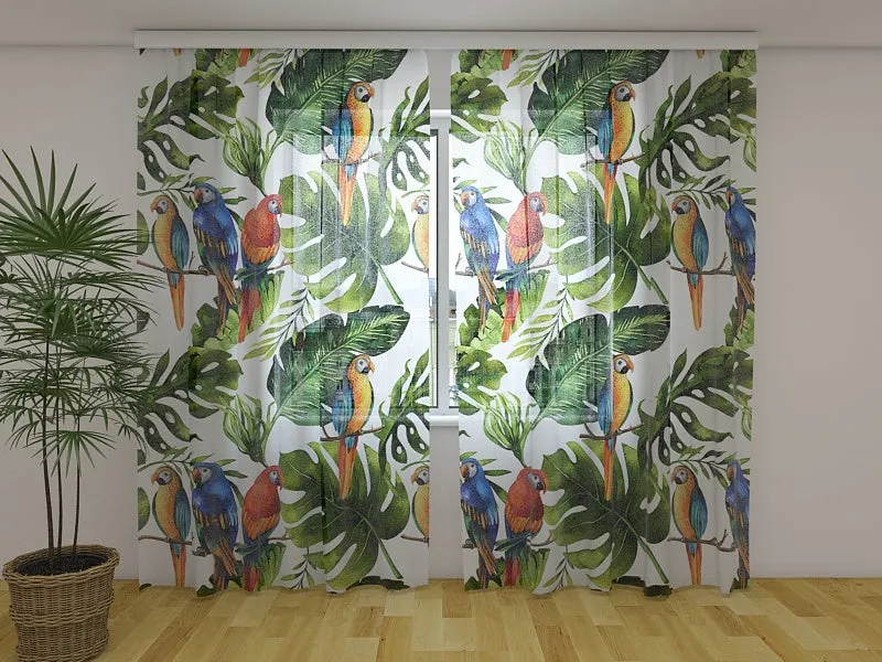 Photo Curtain Palm Leaf with Parrots