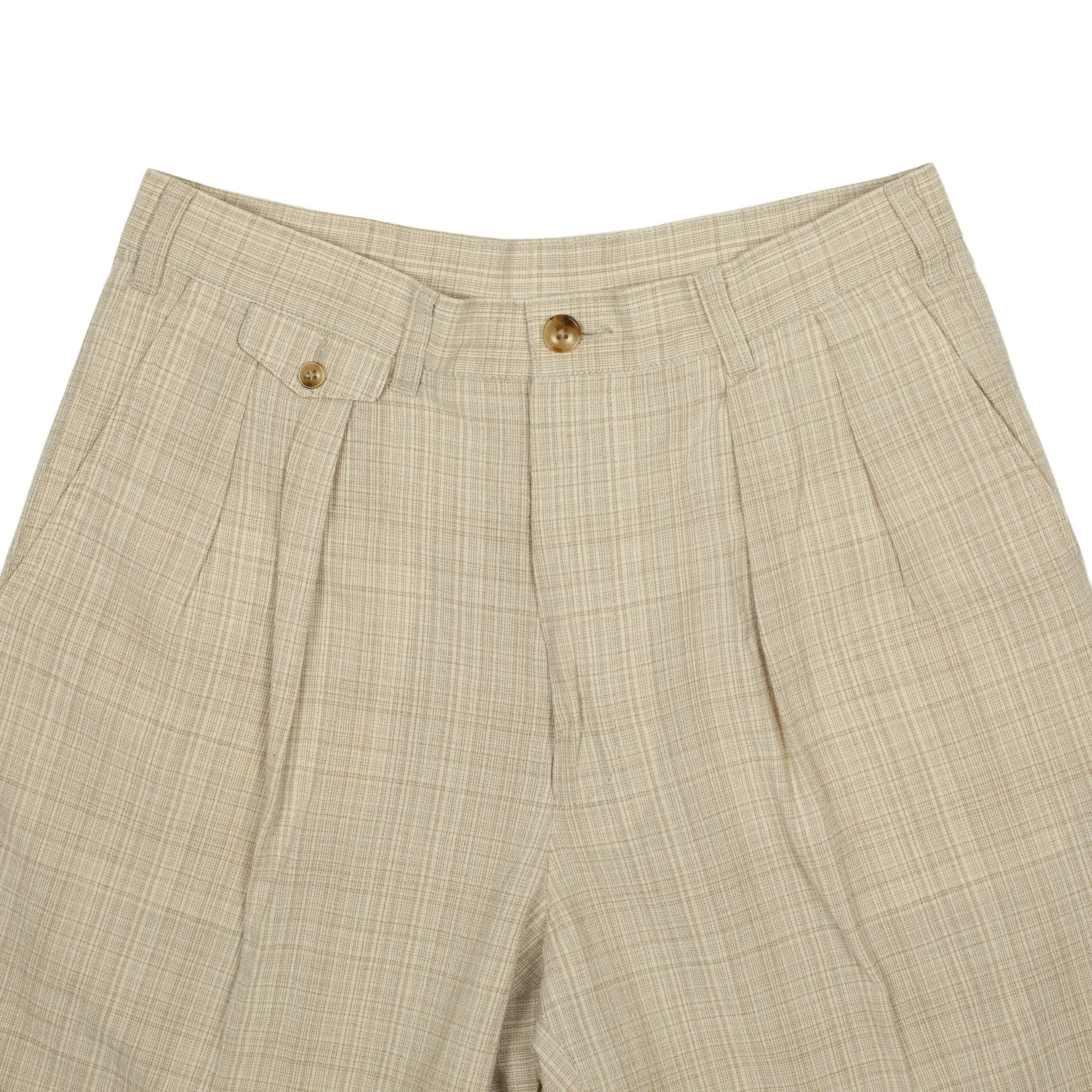 Pleated trousers in natural check cotton wool linen