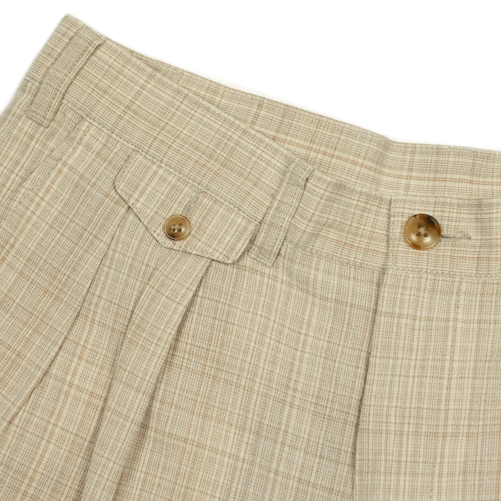 Pleated trousers in natural check cotton wool linen