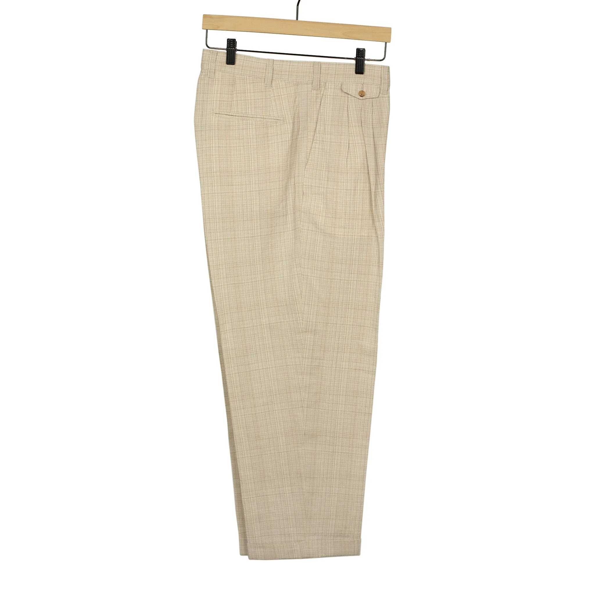 Pleated trousers in natural check cotton wool linen